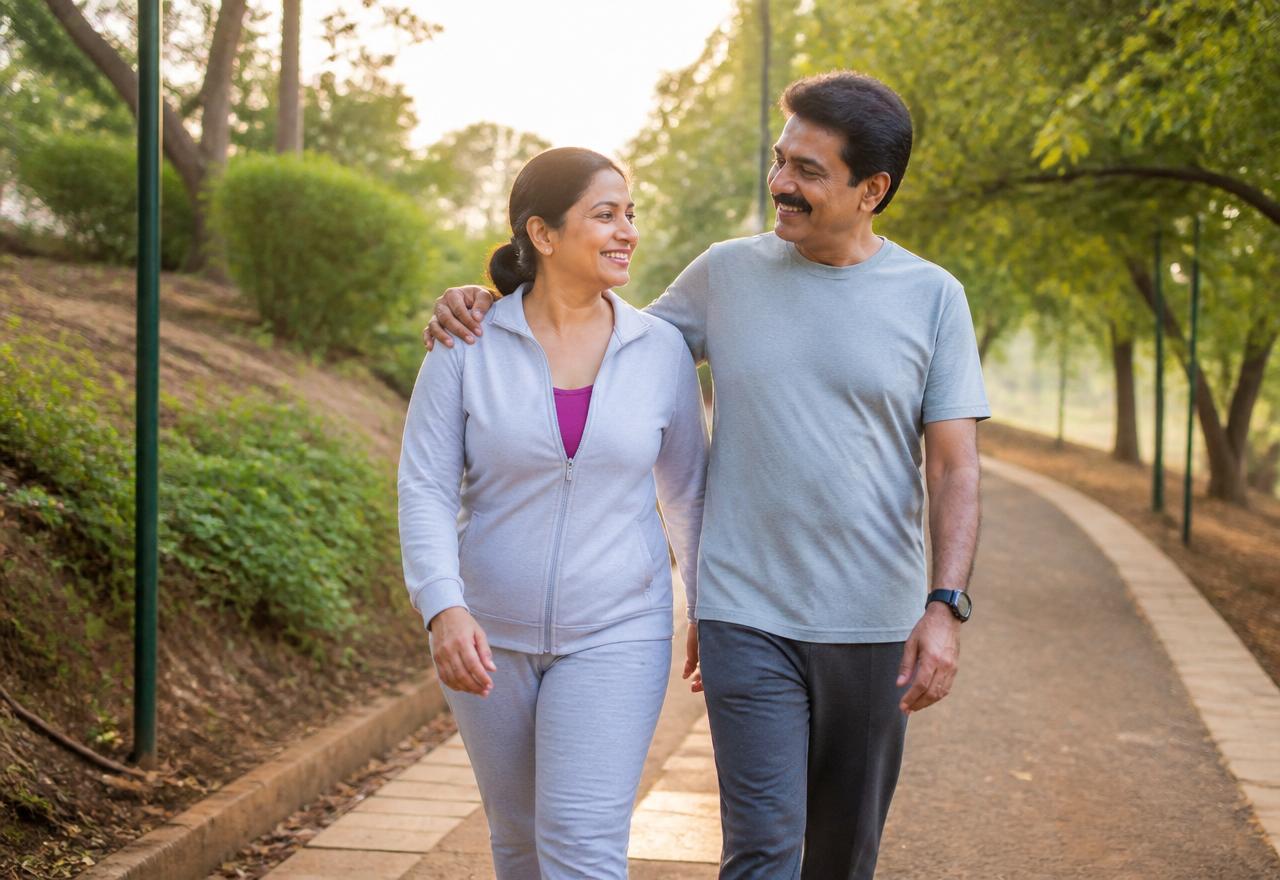 Middle-aged Indian couple walking together in a park as part of their daily diabetes reversal routine