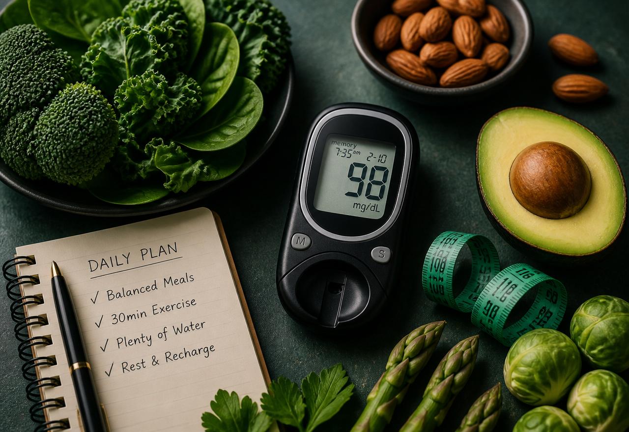 Glucometer showing a normal reading beside fresh vegetables and a daily reversal plan notebook